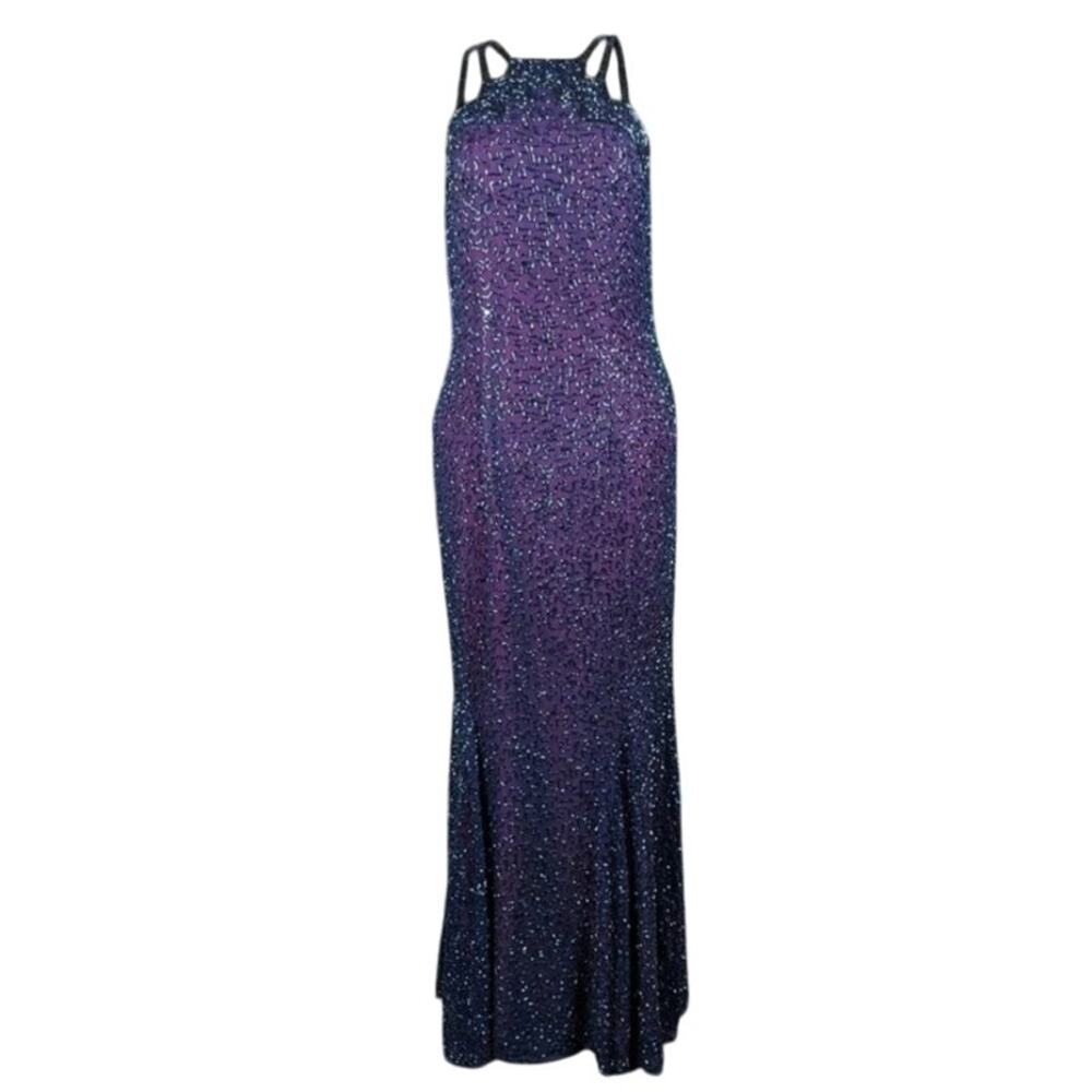 VINTAGE Andretta Donatello Purple Hand Beaded Mermaid Maxi Dress LG 90s Prom